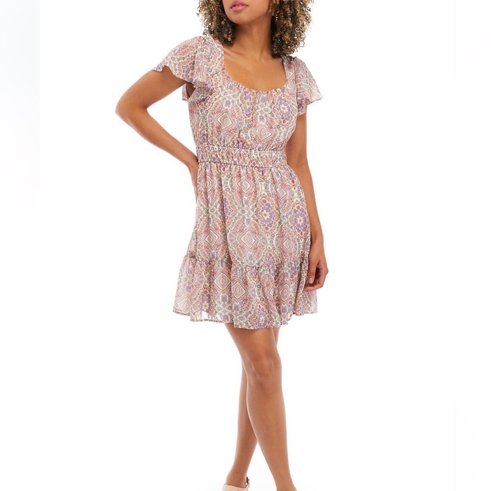 As U Wish Paisley Flutter Sleeve Smocked Mini Dress Juniors XL NWT